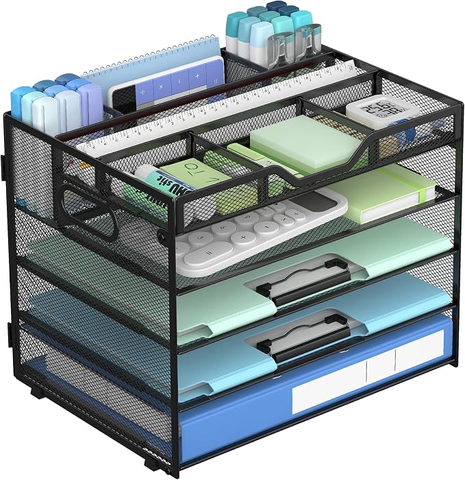 Docnest 5 Tier Mesh Desk Organizer with Removable Tray&Pen Holder, Black | Features 3 detachable pen holders and 4 removable dividers.Versatile mesh desktop storage for mail, document,office supplie by DocNest