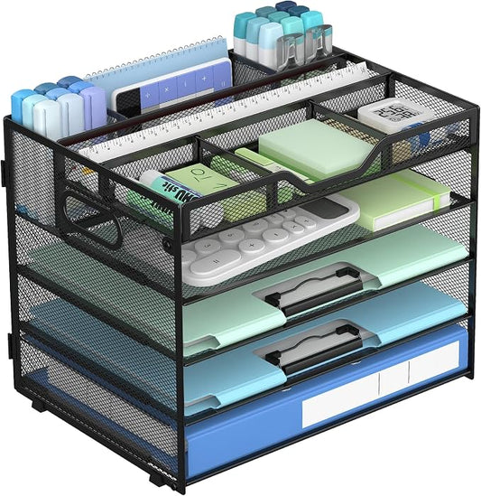 Docnest 5 Tier Mesh Desk Organizer with Removable Tray&Pen Holder, Black | Features 3 detachable pen holders and 4 removable dividers.Versatile mesh desktop storage for mail, document,office supplie by DocNest
