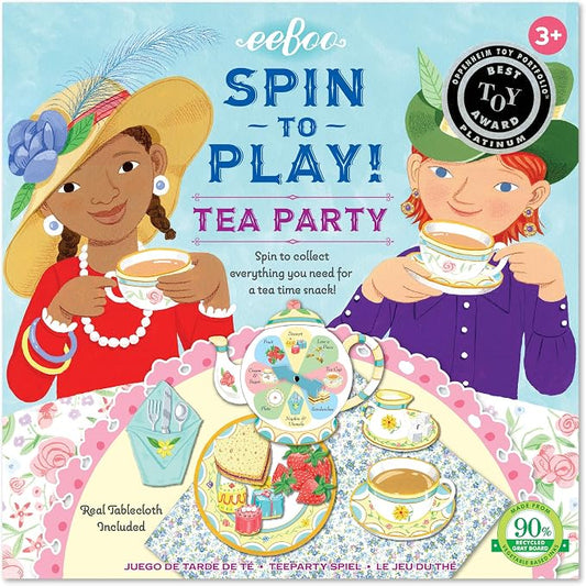 eeBoo Tea Party Spinner Game, Social Skills Game, Ages 3+, 2-4 Players | Develops patience & social skills through imaginative play. Includes spinner, food pieces & fabric tablecloth. 15-30 min game by eeBoo