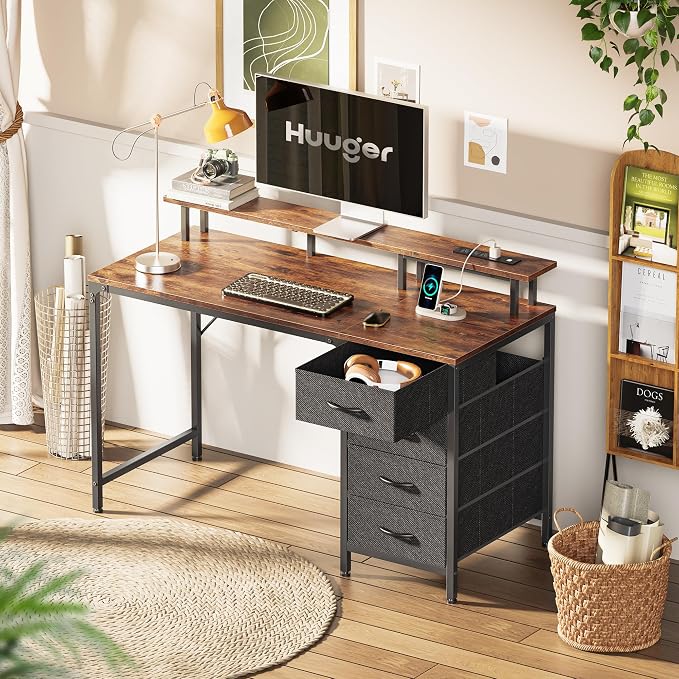 Huuger 47 Inch Computer Desk with Power Outlets and LED Lights, Gaming Desk with 4 Drawers, Office Desk with Monitor Stand, Study Work for Home Office, Small Spaces, Rustic Brown - Image 8