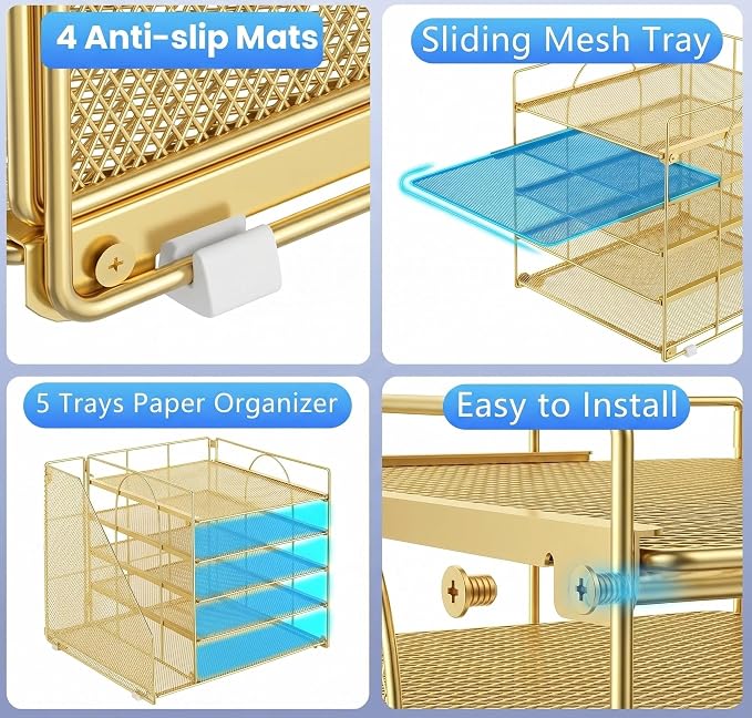 OPNICE 5-Tier Desktop File Paper Organizer, Desk Organizers and Accessories, Office Desk Accessories & Workspace Organizers for Home Office Supplies, Gold - Image 5