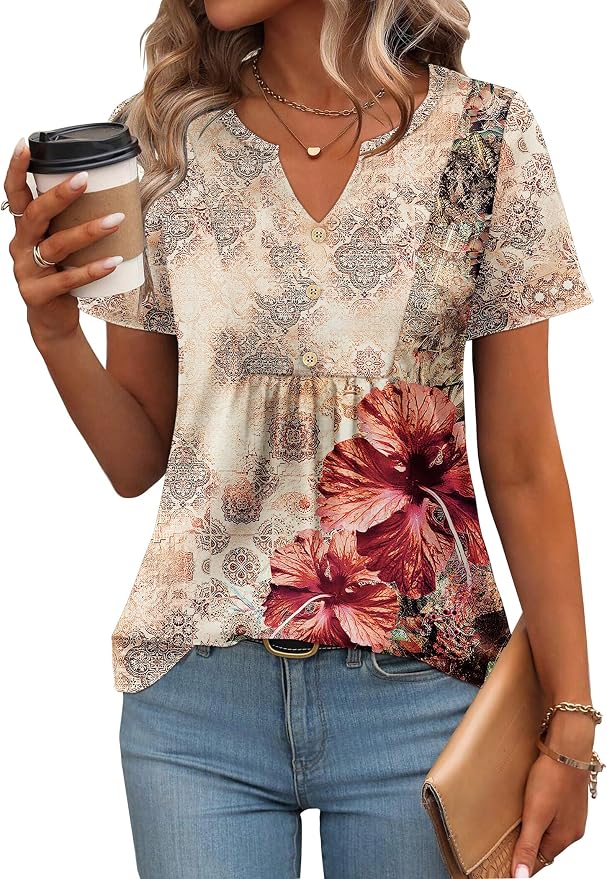 Zeagoo Womens Short Sleeve Tops Summer Henley V-Neck Tshirts Casual Pleated Blouse Dressy Loose Floral Basic Tee - Image 2