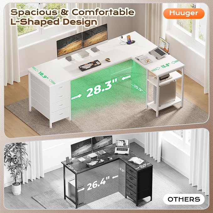 Huuger 55 Inch L Shaped Desk with Fabric Drawers, Reversible Computer Gaming Desk with Power Outlets and USB-C Port, Adjustable Side Storage Shelves, for Work Corner Home Office, White - Image 8