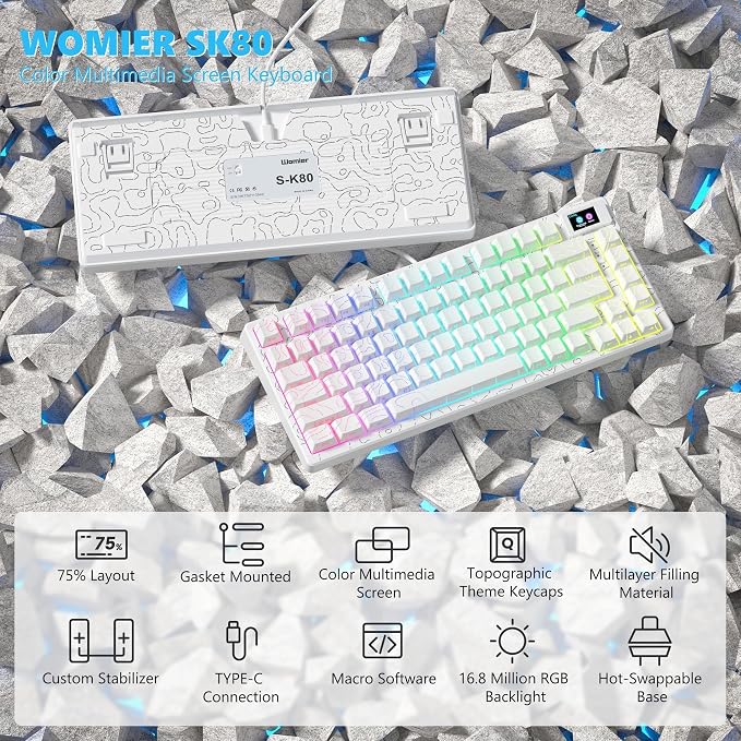 Womier SK80 75% Percent Keyboard Gaming with Color Multimedia Display | Mechanical Keyboard Topographic, Hot Swappable Gasket Mount RGB Creamy Key board Pre-lubed POM Switch for Mac/Win,White - Image 6