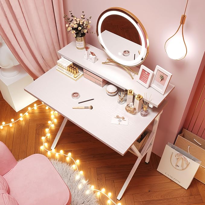 COTUBLR Small Desk, 27.5 Inch Small Computer Desk for Small Spaces, Computer Desk with Adjustable Monitor Stand, Compact Desk with Storage, Tiny Desk Study Desk for Bedroom Home Office, White - Image 6