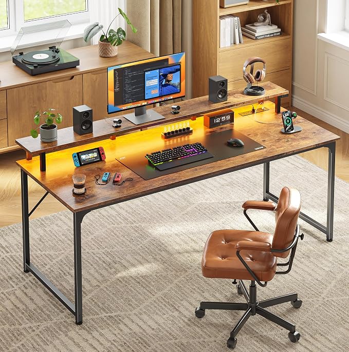 PRAISUN 55 inch Gaming Desk, LED & Outlets, Monitor Stand, Rustic Brown | Sturdy PC Desk for Home Office, Study & Work, LED Lights, 4 AC Outlets & USB-C Charging Station - Image 2