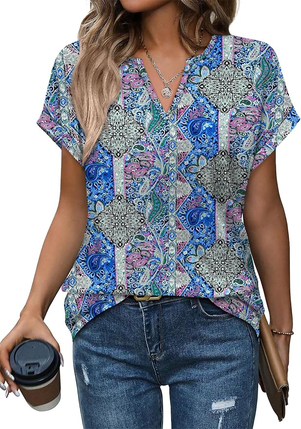 Womens Tops Dressy Casual V Neck Rolled Sleeve T Shirts Fashion Clothing Business Casual Outfits Beach Vacation Clothes by XIEERDUOFASHION