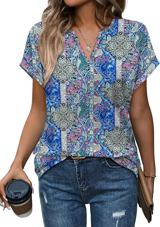 Womens Tops Dressy Casual V Neck Rolled Sleeve T Shirts Fashion Clothing Business Casual Outfits Beach Vacation Clothes by XIEERDUOFASHION
