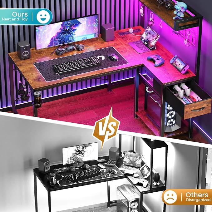 PRAISUN L Shaped Gaming Desk with Shelves, Corner Computer Table with LED Lights, Power Outlets and USB-C Ports, 42 Inch Reversible Home Office Desk with Storage Drawer, Work and Study, Rustic Brown - Image 6