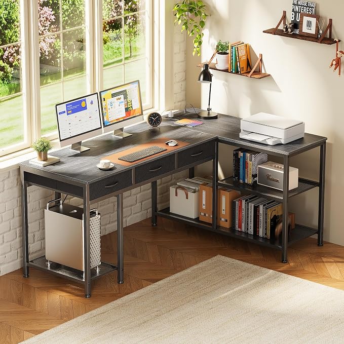 PRAISUN 55 Inch L Shaped Office Desk with Power Outlets and Type-C Port, Large Computer Gaming Desk with 3 Fabric Drawers, Mesh Shelves, Corner Study Work Writing Desk, Grey - Image 2