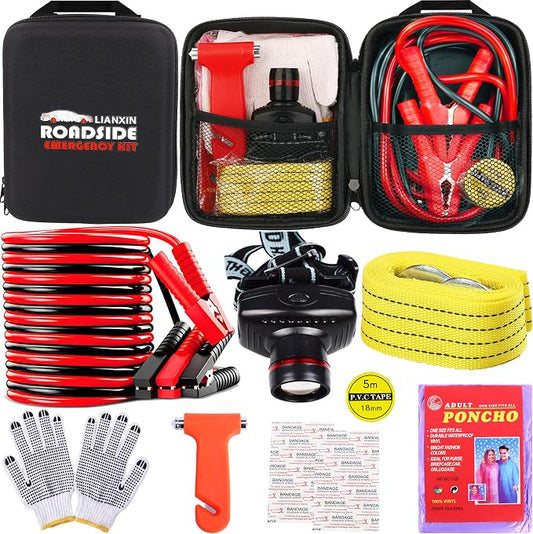 LIANXIN Car Roadside Emergency Kit,with Jumper Cables Car Safety Kits | Emergency Car Kit Tow Straps Headlamp Jumping Cables Safety Hammers Gloves, Breakdowns Gifts for New Drivers by LIANXIN