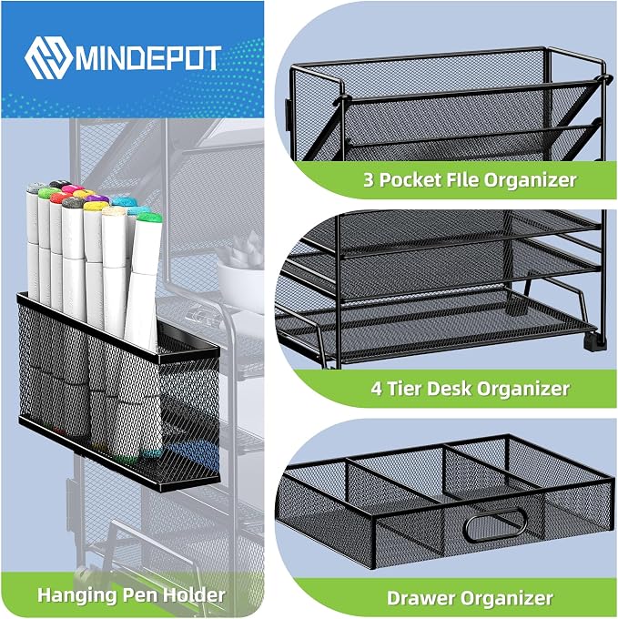 MINDEPOT 4-Tier Paper Organizer + 3-Pocket File Holder, Desktop File Organizers Paper Tray for Office School Classroom Workspace Organization (Black 2+3 Desk Organizer) - Image 3