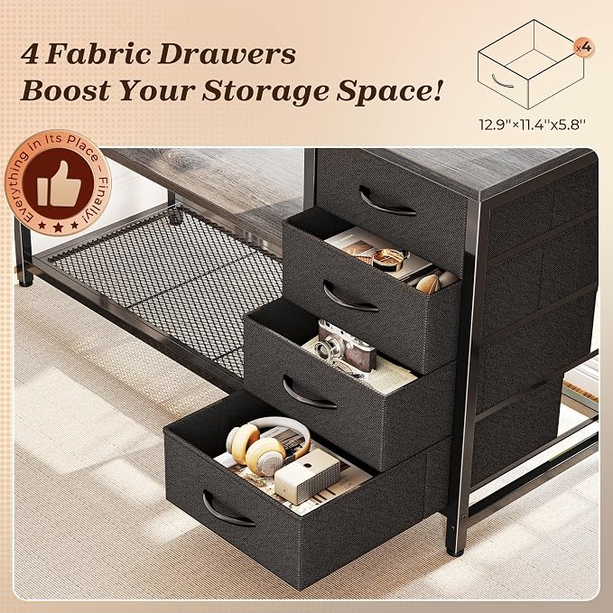 PRAISUN 61" L Shaped Desk with Power Outlets & USB-C Port, Reversible Computer Corner Office Desk with 4 Fabric Drawers and 2 Storage Shelves, Large Desk for Gaming Writing Study, Grey - Image 7