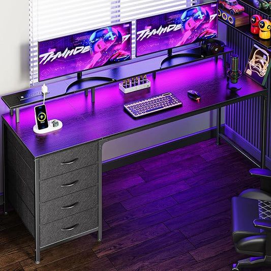 Huuger 63 Inch Computer Desk with Power Outlets and LED Lights, Gaming Desk with 4 Drawers, Office Desk with Monitor Stand, Study Desk Work Desk for Home Office, Black by Huuger
