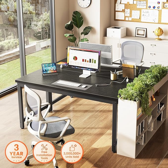 Huuger 55 x 24 inch Desk with Power Outlets & USB-C, Deeper & Thicker Desktop, Robust Metal Tubes, Computer Desk, Heavy Duty Office Desk, Work Gaming Desk for Home Office, Black - Image 3