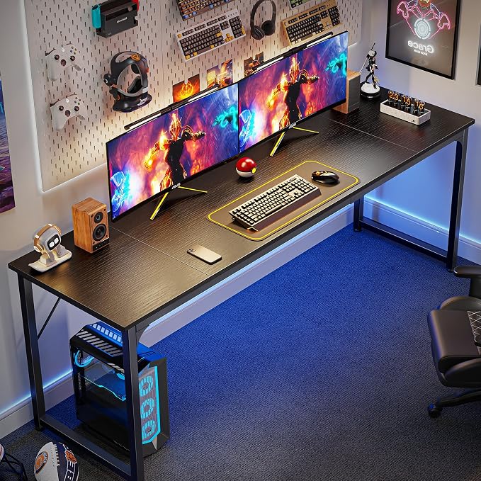 Huuger Computer Desk, 70 Inch Office Desk, Gaming Desk with Storage, Writing Desk Work Desk for Home Office, Study, Long Simple Desk, Large Legroom, Metal Frame, Black - Image 4