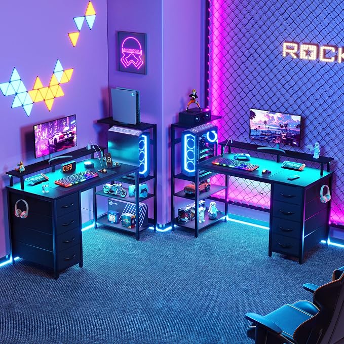 59 Inch Gaming Desk with Drawers & PC Tower Stand & LED Lights, Black | Reversible, Monitor Shelf, Power Outlets, Carbon Fiber, Mesa Gamer, Computer Desk with Storage, Gaming Table for Home Office - Image 8