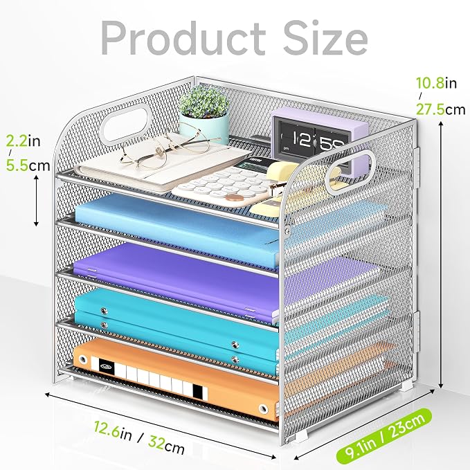 Cawukege 5 Tier Paper Organizer with Handle, Silver Metal Mesh Desk Organizer File Folder Paper Letter Tray Desktop Document Sorter for Classroom, School, Office Accessories Organization and Storage - Image 5