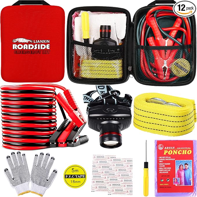 LIANXIN Roadside Emergency Kit Auto Safety Kit with Jumper Cables Headlamp | Gifts for New Drivers Storage Bag with Tow Rope, Gloves, Rainwear, Screwdriver,for Breakdowns, Travel and Winter Emergencies by LIANXIN