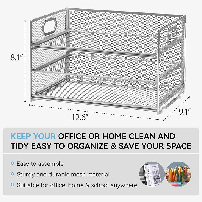 Subekyu 3 Tier Paper Desk Organizer with Handle and 1 PC Slideable Letter Tray, A4 Paper File Folder Sorter Metal Mesh Organizer for Home Office School Desk Supplies Organization Storage, Silver - Image 2