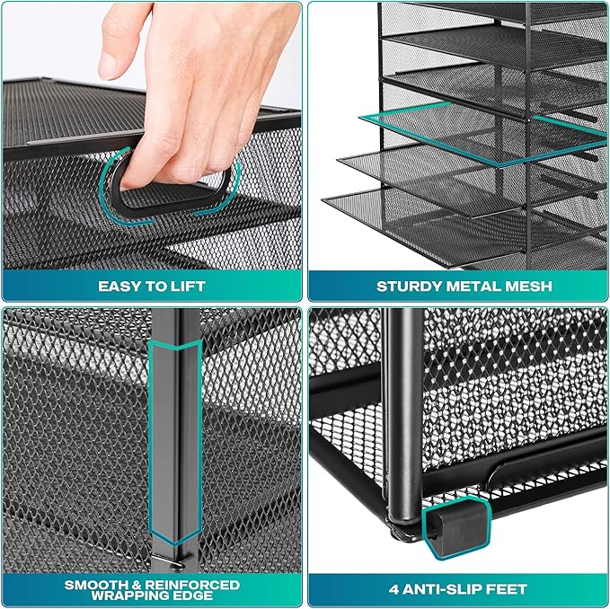 8 Tier Paper Letter Tray Organizer (Black-with Drawer,Pen Holders) | Mesh Desk File Holder Storage Organization for Home School Classroom & Office - Image 4