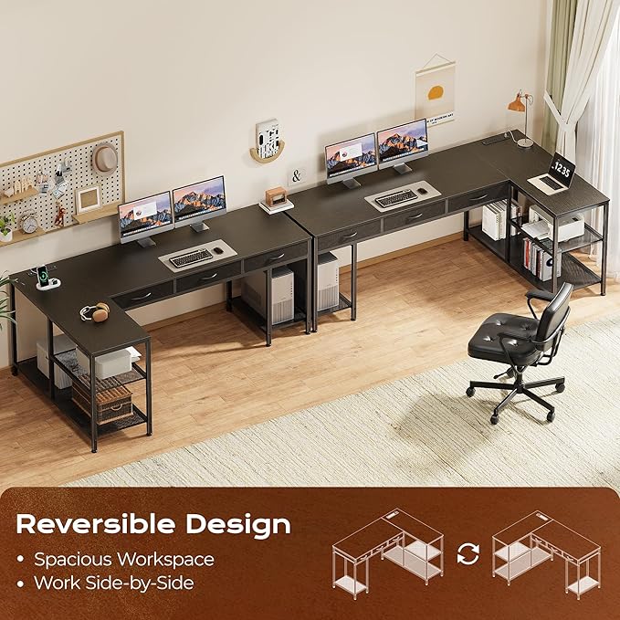 PRAISUN 63 Inch L Shaped Office Desk with Power Outlets and Type-C Port, Large Computer Gaming Desk with 3 Fabric Drawers, Mesh Shelves, Corner Study Work Writing Desk, Black - Image 4