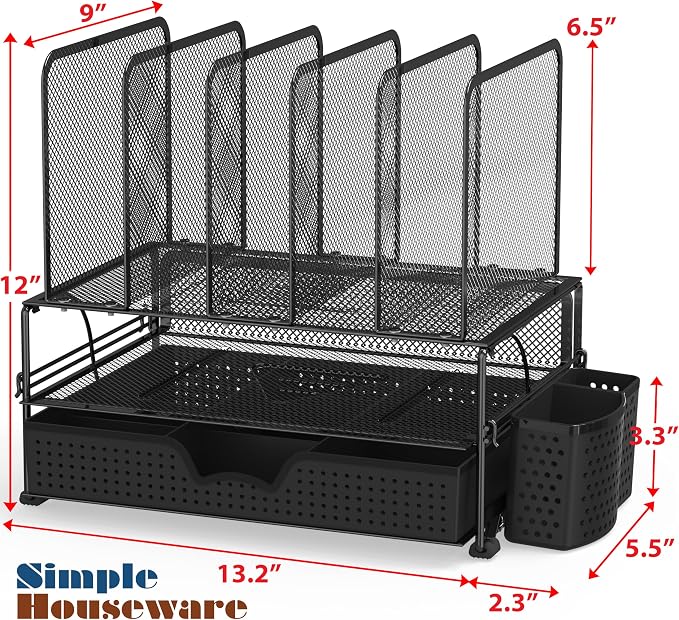 Simple Houseware Desk File Organizer for Office Supplies w/Drawer, Black | Double Tray, Pencil Holder, and 5 Upright Sections with Sliding Drawer - Image 2