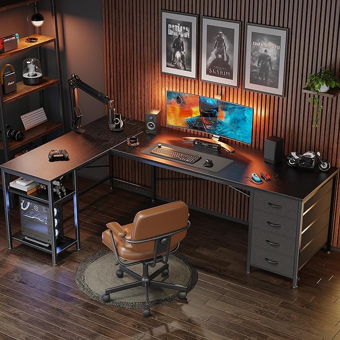 Huuger 63 Inch L Shaped Desk with Fabric Drawers, Reversible Computer Gaming Desk with Power Outlets and USB-C Port, Adjustable Side Storage Shelves, for Work Study Corner Home Office, Black - Image 4