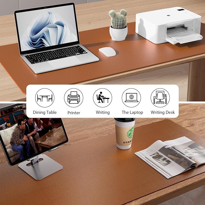 Aothia Faux Leather Desk Mat - Non-Slip PU Leather Desk Blotter, Waterproof Writing Surface, Large Desk Pad for Office & Home (Brown, 55" x 17") - Image 6