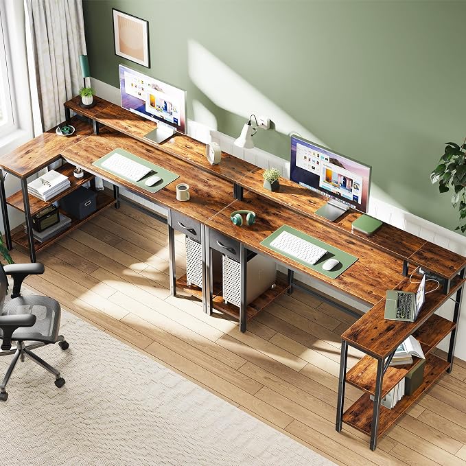 SUPERJARE 53 inch Reversible L Shaped Desk with LED Lights & Power Outlets, Computer Desk with Shelves & Monitor Stand, Gaming Desk with Drawer, Home Office Desk Corner Desk, Rustic Brown - Image 6