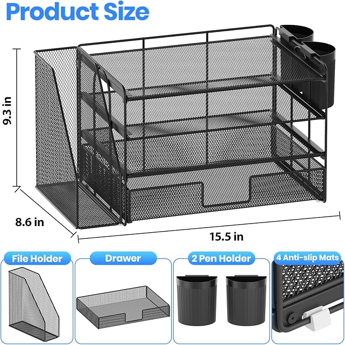 OPNICE Desk Organizer, 4-Tier Desktop File Organizer with Drawer and Pen Holders, Office Desk Accessories, File Sorters, Workspace Organizers for Office Supplies(Black) - Image 7