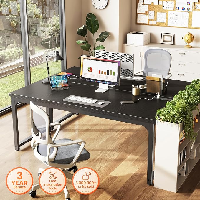 Huuger 63 x 24 inch Desk with Power Outlets & USB-C, Deeper & Thicker Desktop, Robust Metal Tubes, Computer Desk, Heavy Duty Office Desk, Work Gaming Desk, for Home Office, Black - Image 3