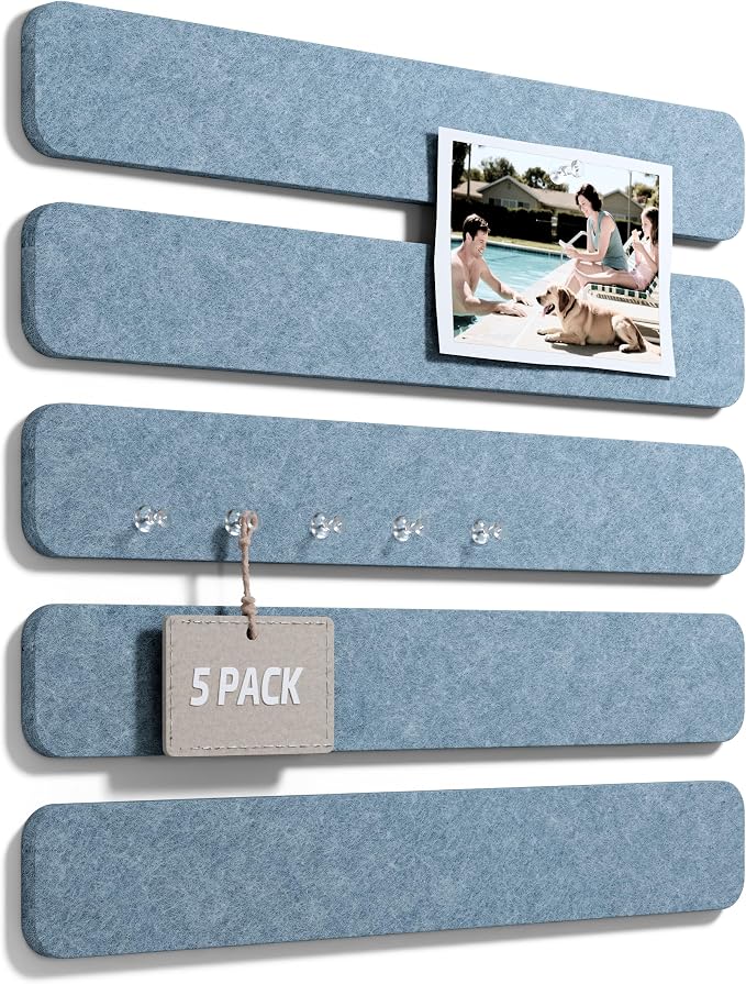 Fluxynara 13" x 2" Felt Wall Panels, Dusty Blue | 5-Pack Cork Board Alternative with 35 Push Pins, Adhesive Mounting for Bedroom Door or Home Office by FLUXYNARA
