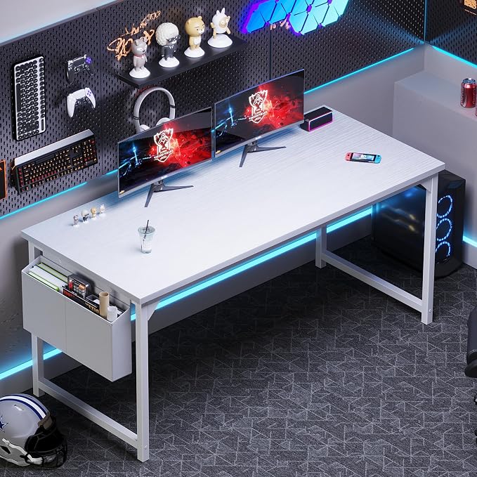 OLIXIS Computer Desk, 63 Inch Gaming Desks for Home Office Small Spaces | Writing Study Craft Work Table, Computer Workstation for Bedroom with Storage Bag, All White - Image 4