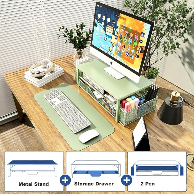 OPNICE Desk Organizers and Accessories, 2-Tier Computer Monitor Stand Riser with Drawer and 2 Pen Holders, Laptop Stand, Office Desk Accessories for Office Supplies, Green - Image 2