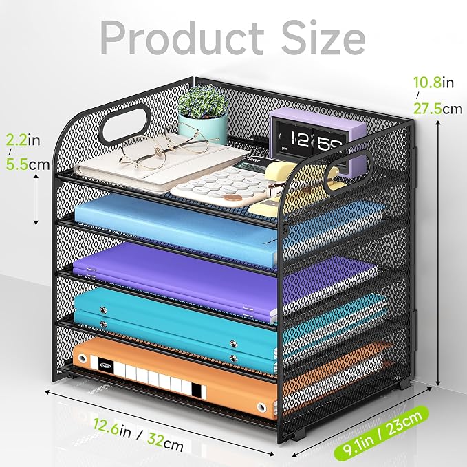 Cawukege 2 Pack 5 Tier Paper Organizer, Letter Tray with Handle, Mesh Desk Organizer, Metal File Organizer, Office Desk Accessories for Home, Office, Classroom, School -Black - Image 5
