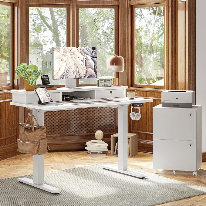 TIQLAB Standing Desk with Two Drawers, Stand Up Standing Desk Adjustable Height, Electric Sit Stand Table with Storage Shelf and Splice Board, 55 * 24 inch, White - Image 2
