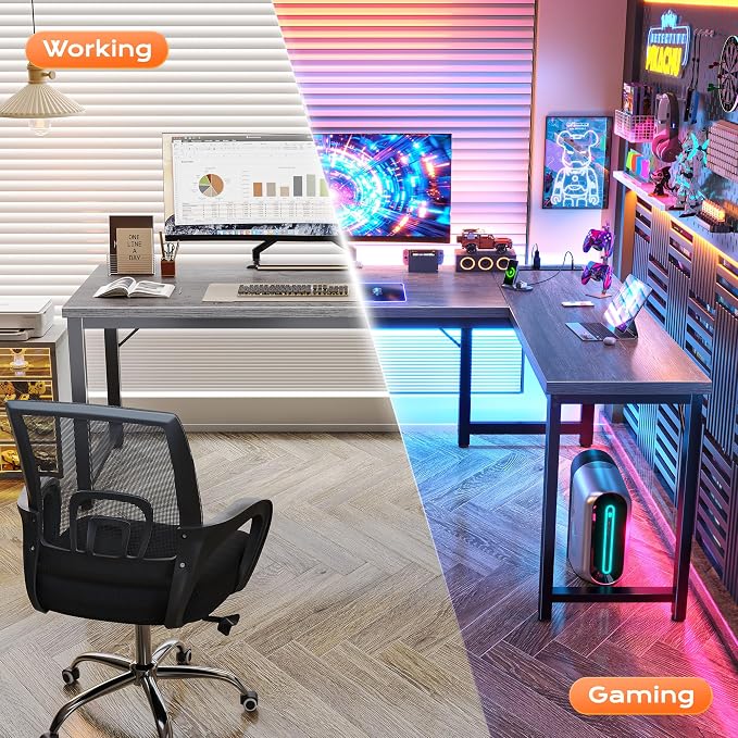 Huuger 63 Inch L Shaped Desk with Power Outlets and USB-C Port, Reversible Computer Desk, Larger Office Corner Gaming Desk, 0.95 Inch Thicker Desktop, Metal Frame, for Home Office, Study, Grey - Image 6