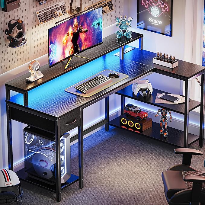 SUPERJARE 53 inch L Shaped Gaming Desk with LED Lights & Power Outlets, Reversible Computer Desk with Shelves & Monitor Stand, Corner Desk with Drawer, for Home & Office, Black - Image 2