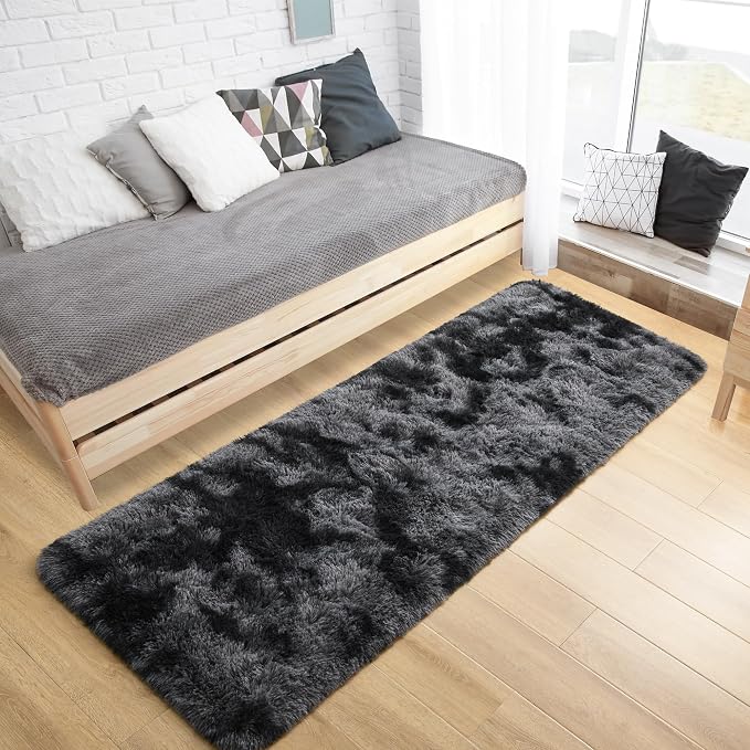 Tepook Fluffy Runner Rugs for Bedroom Aesthetic 2x6 Feet, Shag Soft Bedside Rug with Non-Slip Bottom, Fuzzy Plush Carpet for Room, Hallway Rug for Nursery Dorm Indoor Home Decor, Tie-dye Dark Grey - Image 4