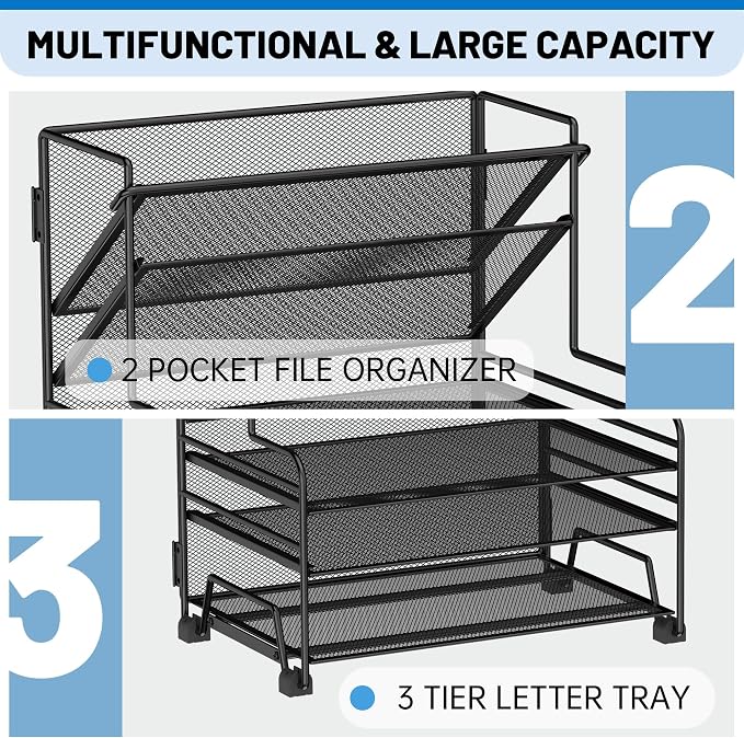 Desk File Organizer, 3-Tier Letter Tray Paper Organizer and 2-Pocket Metal Hanging Basket for Office School Classroom Organization - Image 3