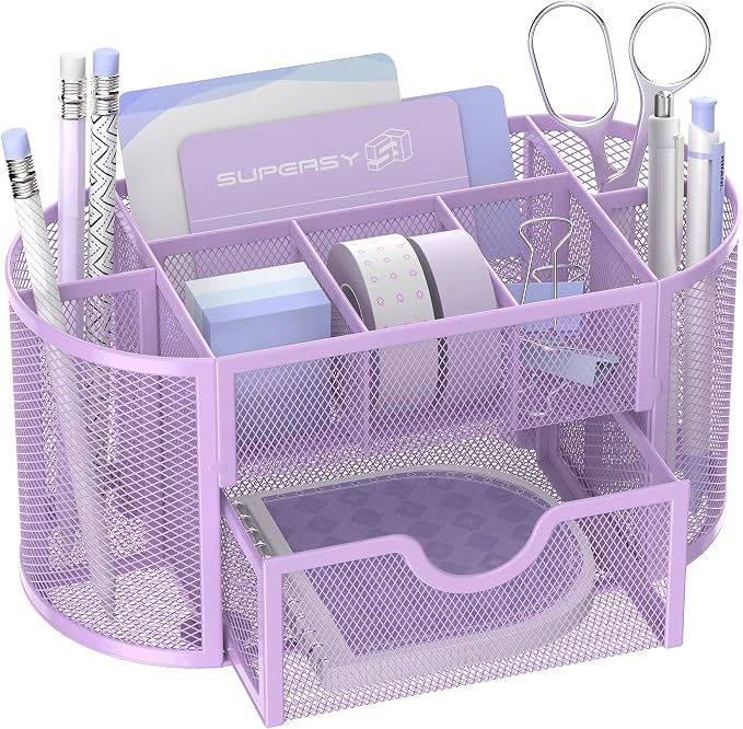Mesh Desk Organizer with Drawer, 9-Compartment Pen Holder for Desk, Purple | Pull-Out Drawer Stores Pens, Pencils, Clips, Notes, and Small Office or School Supplies in One Compact Desk Caddy by SUPEASY