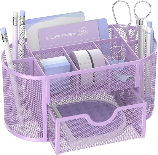 Mesh Desk Organizer with Drawer, 9-Compartment Pen Holder for Desk, Purple | Pull-Out Drawer Stores Pens, Pencils, Clips, Notes, and Small Office or School Supplies in One Compact Desk Caddy by SUPEASY