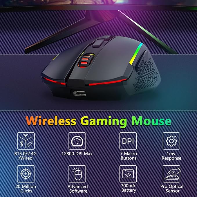 Redragon Wireless Gaming Keyboard and Mouse Combo, 60% Portable, Black | Bluetooth/2.4G/USB-C Wired, RGB Backlit, Quiet Rechargeable Macro Membrane Keyboard & 12800 DPI Mouse for Win/MAC - Image 4