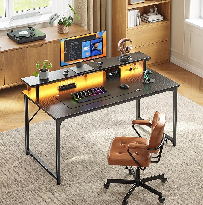 PRAISUN 40 inch Gaming Desk, LED & Power Outlets, Monitor Stand, Black | Sturdy PC Desk for Home Office, Study & Work, LED Lights, 4 AC Outlets & USB-C Charging Station - Image 2