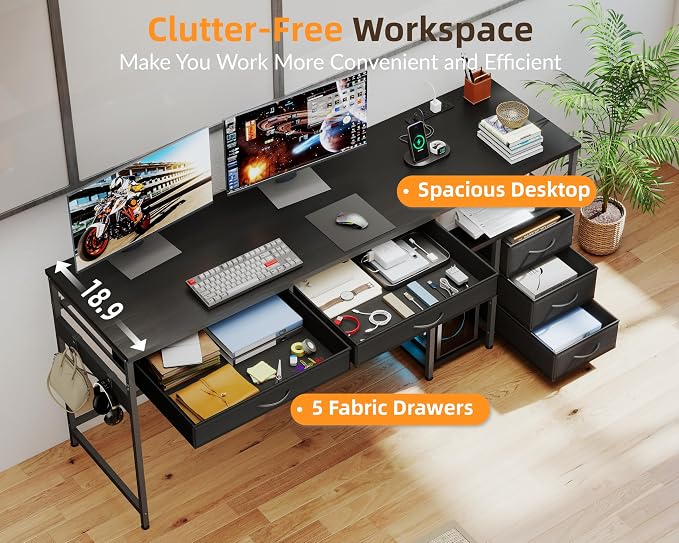 YOSHOOT 60" Computer Desk with 5 Fabric Drawers, Gaming Desk Table | Desk with Storage and Power Outlets, for Adults and Teenagers Working Writing Study, Black - Image 8