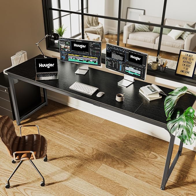 Huuger Computer Desk, 80 Inch Office Desk, Gaming Desk with Storage, Writing Desk Work Desk for Home Office, Study, Long Simple Desk, Large Legroom, Metal Frame, Black - Image 6