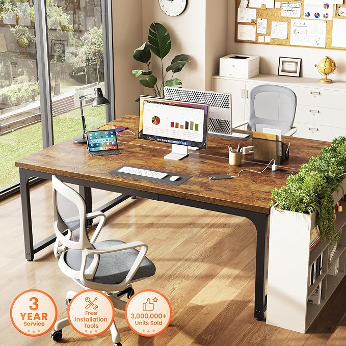 Huuger 63 x 24 inch Desk with Power Outlets & USB-C, Deeper & Thicker Desktop, Robust Metal Tubes, Computer Desk, Heavy Duty Office Desk, Work Gaming Desk, for Home Office, Rustic Brown - Image 3