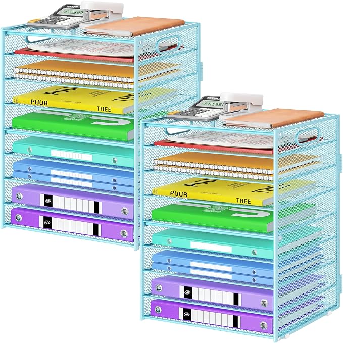 Cawukege 9 Tier Paper Organizer with Handle, Large Capacity Desk Organizer Mesh Paper Letter Tray File Folder Document Sorter for Classroom and Office Accessories Organization- Blue (2 Pack) by Cawukege