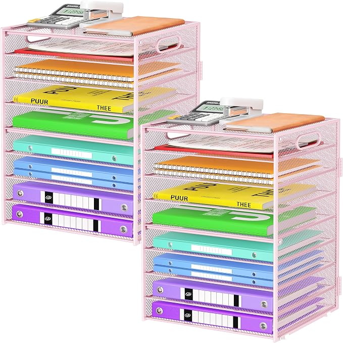 Cawukege 9 Tier Paper Organizer with Handle, Large Capacity Desk Organizer Mesh Paper Letter Tray File Folder Document Sorter for Classroom and Office Accessories Organization- Pink (2 Pack) by Cawukege
